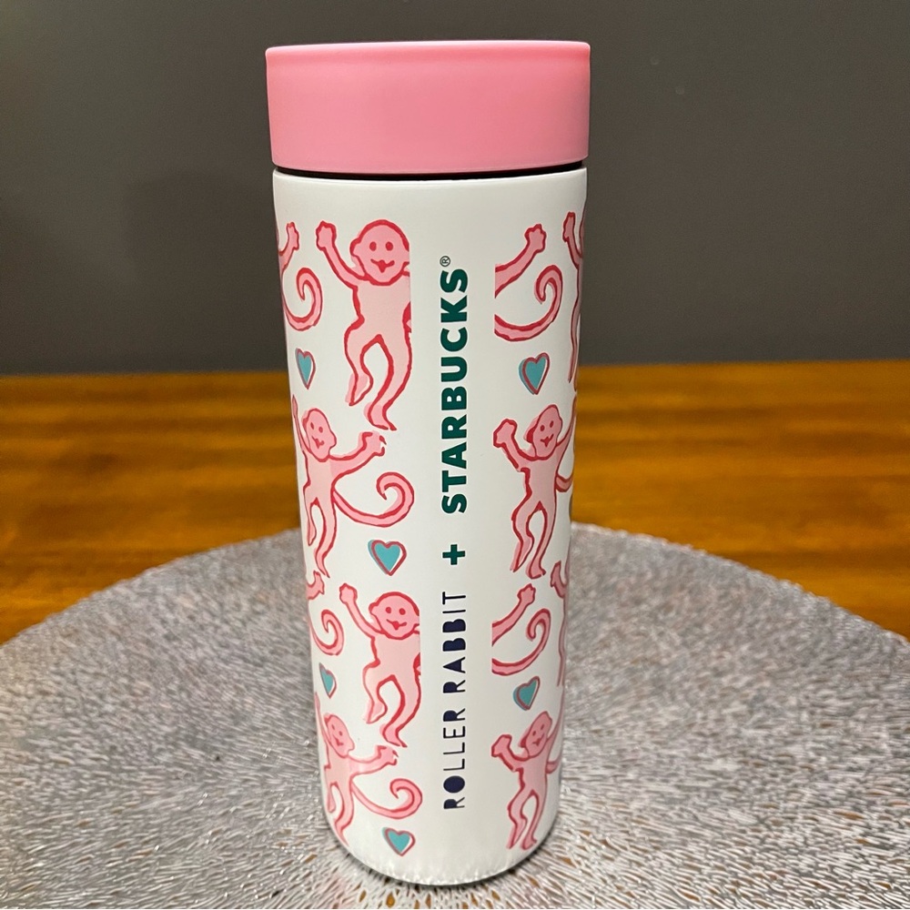 Starbucks Roller Rabbit Pink and White Tumbler with Monkeys